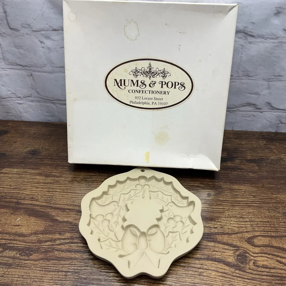Brown Bag Cookie Art Mold‎ Wreath 1988 Holly Bird Stoneware Vintage Box